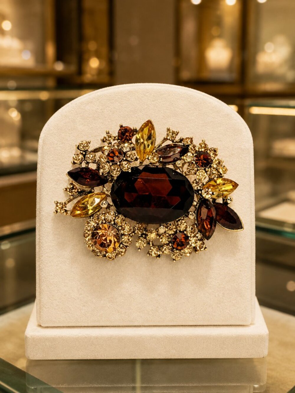 Ornate Amber & Smoky Brown Rhinestone Brooch/Pendant